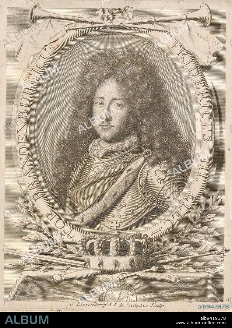 Portrait of Frederick I, King of Prussia, as Elector of Brandenburg, Samuel Blesendorf, 1690 - 1701, Numbered lower right: 3., print maker: Samuel Blesendorf, (mentioned on object), Berlin, 1690 - 1701, paper, engraving, h 177 mm - w 135 mm.