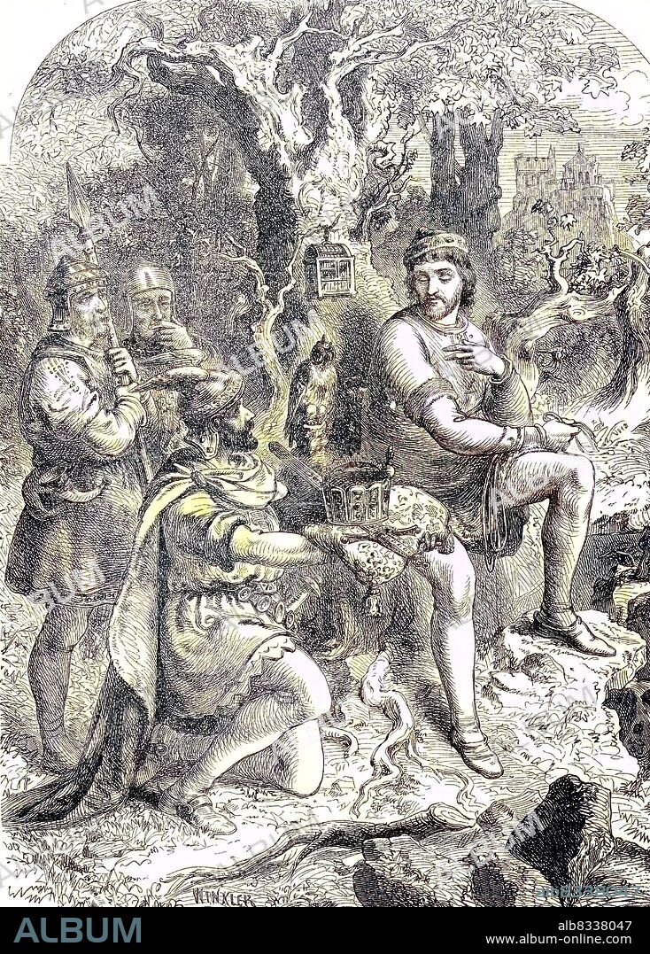 Henry, Duke of Saxony, was elected to the German King, Henry the Fowler, Heinrich der Finkler or Heinrich der Vogler, 874 - 936, was the duke of Saxony from 912 and the elected king of East Francia / Heinrich, Herzog von Sachsen, wird zum deutschen Knig gew§hlt, historisch, C:CC5historical, digital improved reproduction of an original from the 19th century / digitale Reproduktion einer Originalvorlage aus dem 19. Jahrhundert, Originaldatum nicht bekannt.