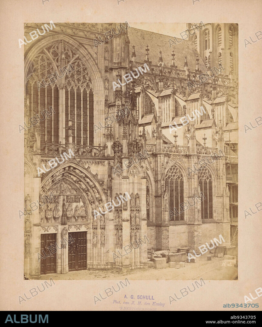 Part of the facade of St. John's Cathedral in 's-Hertogenbosch, Antonius Godefridus Schull (mentioned on object), Den Bosch, c. 1875 - c. 1900, cardboard, albumen print, height 218 mm × width 183 mm.