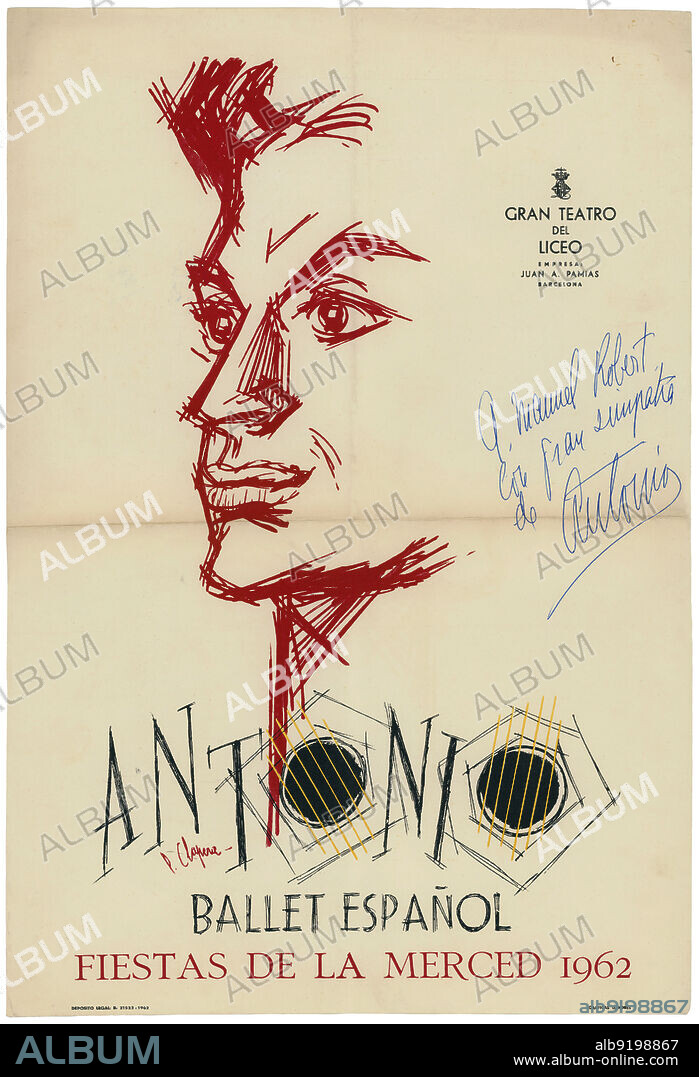 Catalunya. Cartel del Gran Teatro del Liceo para la actución del bailarín Antonio y el Ballet Español en las fiestas de la Merced de Barcelona en 1962, con dedicatoria y firma del artista.