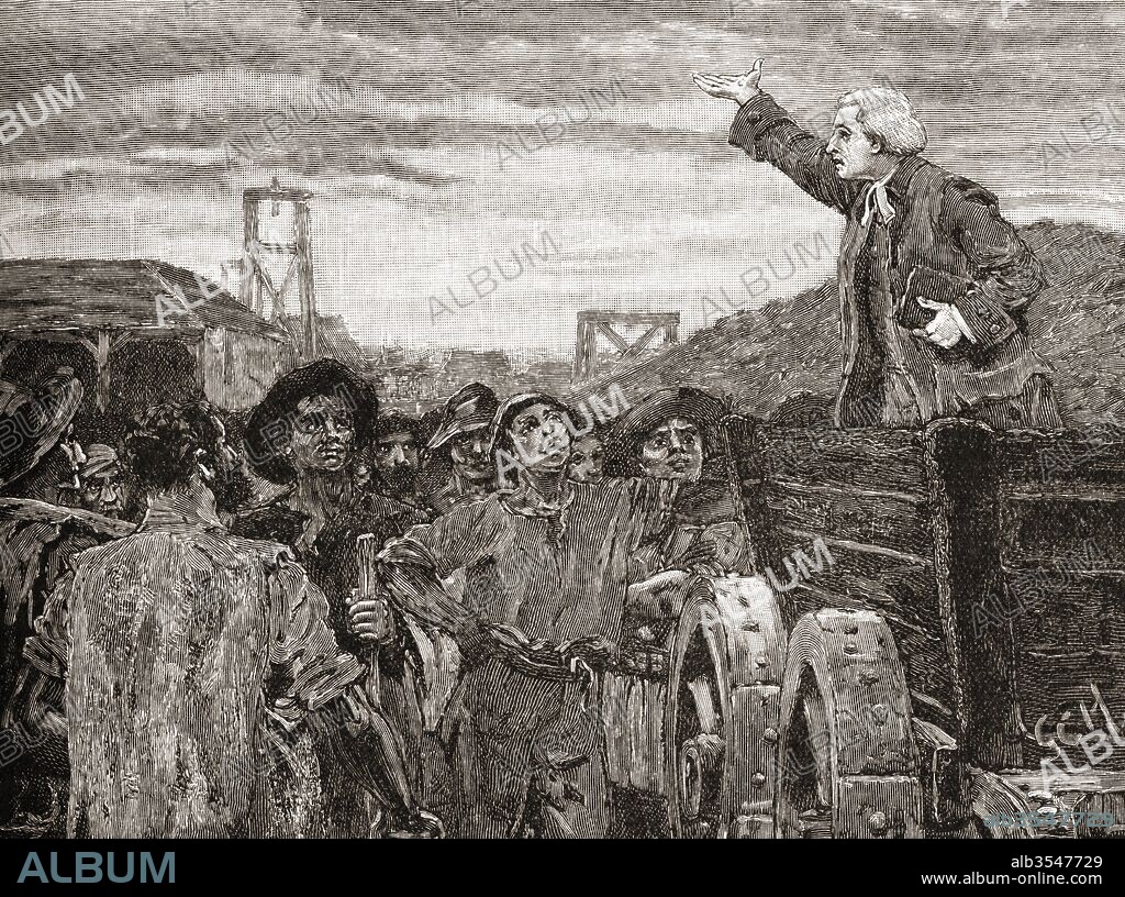 Rowland Hill preaching to the colliers in Kingswood, England in the 19th century. Rowland Hill, 1744–1833. English preacher, enthusiastic evangelical and an influential advocate of smallpox vaccination. From The Century Edition of Cassell's History of England, published c. 1900.