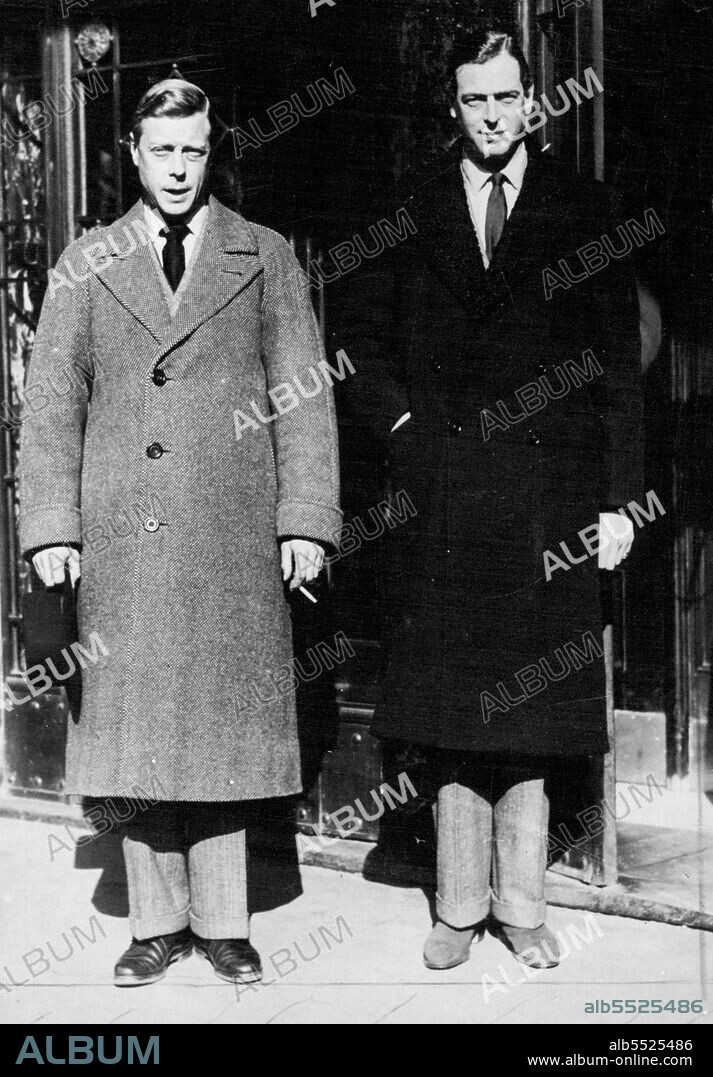 Duke of Windsor and Duke of Kent Meet in Vienna:The Duke of Windsor (left) and the Duke of Kent photographed outside the Hotel Bristol when they left the hotel after their talk.The Duke of Windsor met the Duke of Kent on Wednesday in Vienna, for the first time since the former's departure from England on Dec. 12th. The Duke of Kent arrived in Vienna from Munich where the Duchess of Kent is staying. The Duke of Windsor arrived from Carinthia. The two Royal brothers met in the private suite of the Hotel Bristol which is always used by the Duke of Windsor when he is visiting Vienna. February 26, 1937. (Photo by Topical Press).