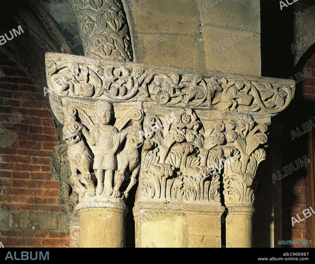 Detail of a capital in the chapel, San Michele Maggiore Basilica, Pavia. Italy, 11th-15th centuries.