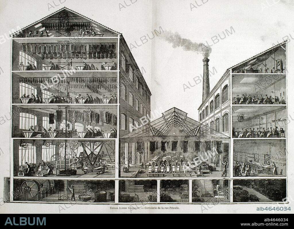 Usine Godillot en coupe : corroierie de la rue Petrelle. Illustration de Victor ROSE (19-20 s.) pour Les grandes usines de Turgan, 1888. Credit : Collection KHARBINE-TAPABOR.