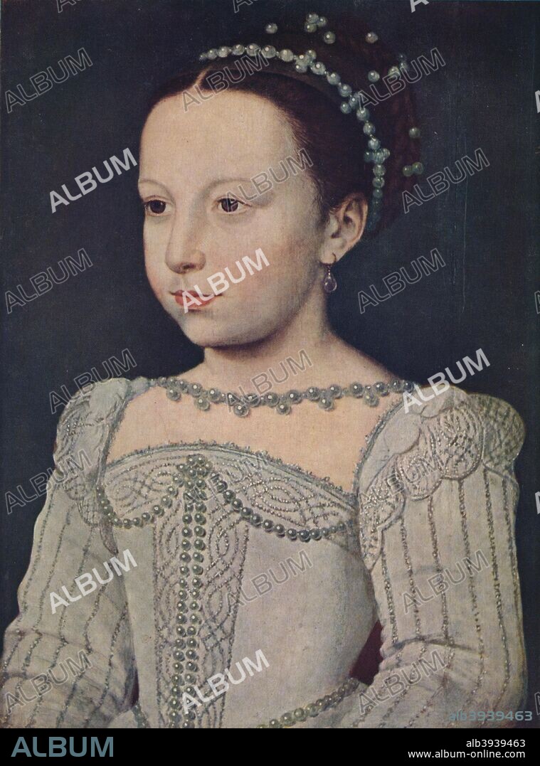 'Marguerite de Valois', c1560, (1939). Margaret of Valois (14 May 1553 - 27 March 1615) was a French princess of the Valois dynasty who became queen consort of Navarre and later also of France. The painting is housed in the Musee Conde, Chantilly, France. From Verve - Nos. 5-6, July-October 1939. [Verve, France, 1939].