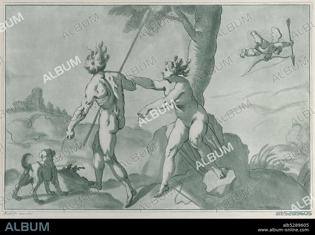 Venus and Adonis (?), nude in a landscape with a dog at left and Cupid at upper right, 1750-70.