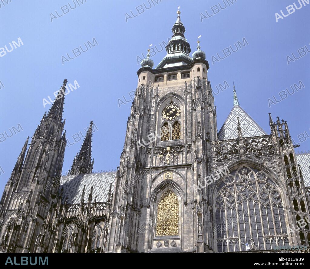 St Vitus Cathedral, Prague, Czech Republic. Situated within the walls of Prague Castle, St Vitus Cathedral was begun in 1344 but not completed until the 19th century when the nave and the twin towers of the western facade were built. The cathedral contains the tombs of Czech kings and is the largest Gothic cathedral in central Europe.