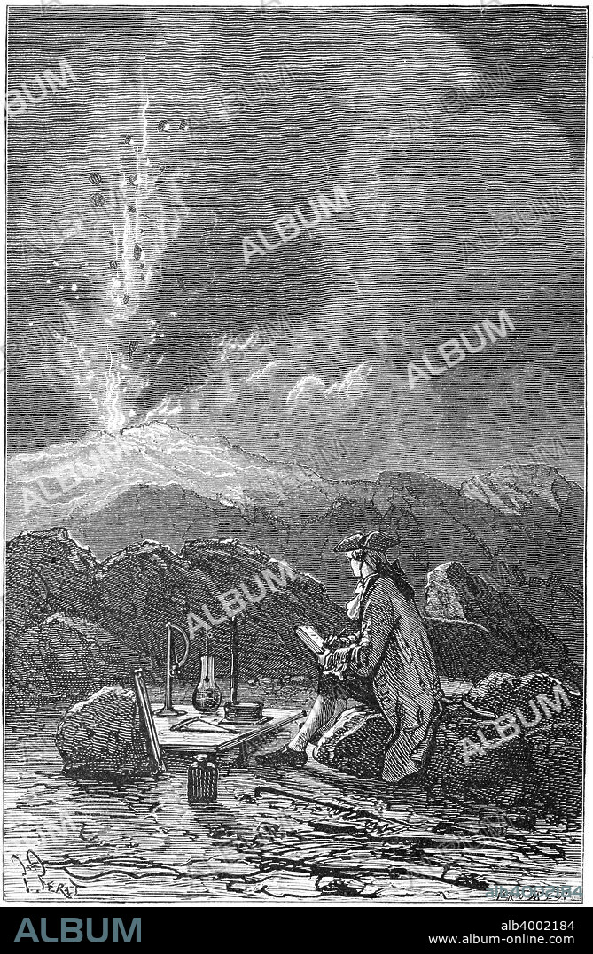 Lazzaro Spallanzani, 18th century Italian naturalist and biologist, 1874. Spallanzani (1729-1799) watching an eruption of Etna, Sicily. Among his discoveries was that microbes came from the air and could be killed by boiling, paving the way for the later work of Louis Pasteur.