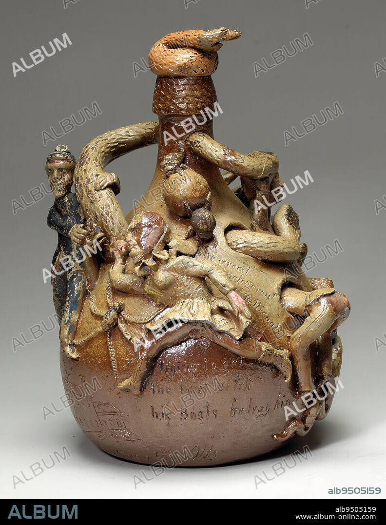 Snake jug, c. 1865, Anna Pottery, Anna, Illinois, 18591894, 12 1/2 x 8 5/16 x 8 11/16 in. (31.75 x 21.11 x 22.07 cm), Stoneware with painted decoration, 19th century, Cornwall and Wallace Kirkpatrick, brothers who owned the Anna Pottery in Anna, Illinois, made a name for themselves with their bizarre wares, especially jugs with realistic writhing snakes. Here, a scene from the Civil War (186165) shows Union soldiers attempting to catch Jefferson Davis, president of the Confederacy, who flees them disguised as a woman. The dark spots on the snakes heads identify them as copperheadsa moniker for Northerners sympathetic to the Confederate cause. The Kirkpatricks pulled these and other characters straight out of the caustic but hilarious cartoons published in Northern-leaning newspapers, expressing their own opinions in pottery that was pertinent to current politics.