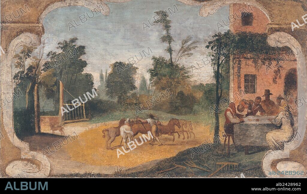 Italy, Emilia Romagna, Ferrara, Cento, Civic Art Gallery. Whole artwork view. Country landscape with frame. A group of commensals sit under the pergola of a villa. In the centre, a group of horses. On the left, a dog sits before a cancel. In the background, plants and trees surround the back of the house. Scene of Country Life - Breakfast Under the Pergola and Care of the Horses (Scena di vita campestre - la colazione sotto il pergolato e la cura dei cavalli), by Giovan Francesco Barbieri known as il Guercino, 1615 - 1616, 17th Century, fresco transferred o.
