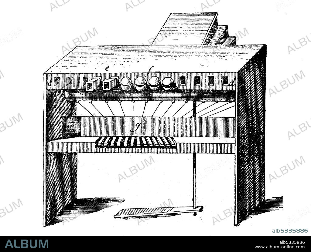 Kempelenz speaking machine, Wolfgang von Kempelen, in the first development stadium / Kempelenz Sprechmaschine, Wolfgang von Kempelen, im ersten Entwicklungsstadion, Historisch, historical, digital improved reproduction of an original from the 19th century / digitale Reproduktion einer Originalvorlage aus dem 19. Jahrhundert.