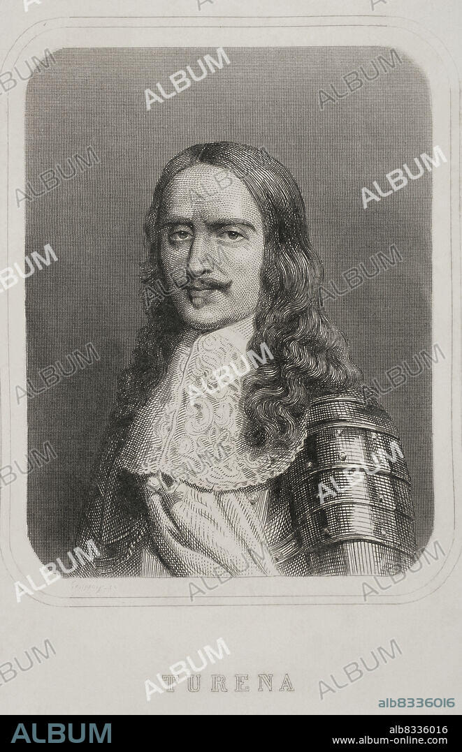 CHARLES GEOFFROY (1819-1882). FRENCH ENGRAVER.. Henri de la Tour d'Auvergne-Bouillon (1611-1675). French nobleman and military. Appointed Marshal of France in 1643 and Marshal-General of the Camps and Armies of the King in 1660. Portrait. Engraving by Geoffroy. "Historia Universal", by César Cantú. Volume VIII. 1858.
