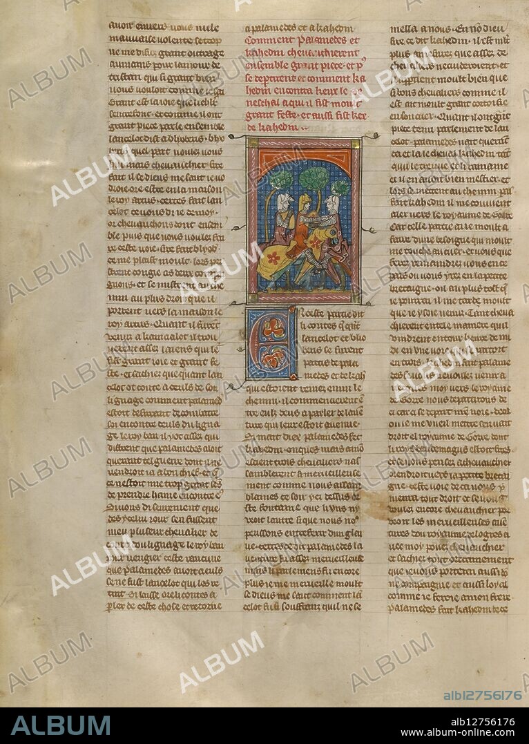 Kahedin and Palamedes Meeting the Seneschal Keu; Roman du Bon Chevalier Tristan, Fils au Bon Roy Meliadus de Leonois, about 1320-1340. Page from a book based on the medieval chivalric romance of Tristan and Iseult, also known as Tristan and Isolde.