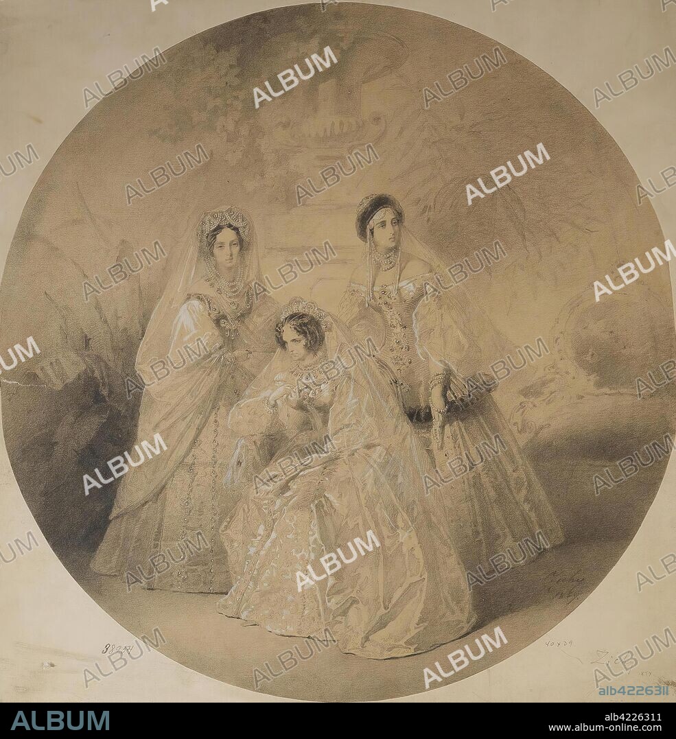 MIHALY VON ZICHY. 'Portrait of Empress Maria Alexandrovna, the Dowager Empress Alexandra Fiodorovna and Grand Duchess Alexandra Iosifovna'. Hungary-Russia, 1857. Dimensions: 39x40 cm.