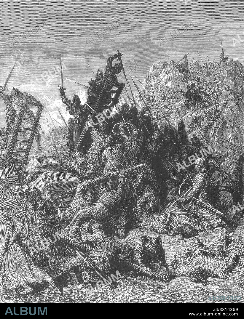 The Siege of Acre was the first significant counter attack by King Guy of Jerusalem to the losses the kingdom experienced to Saladin, leader of the Muslims in Syria and Egypt and formed part of what later became known as the Third Crusade. The seige lasted from August 1189 until July 1191, in which time the city's coastel position meant the attacking Latin force were uable to fully invest the city and Saladin was unable to fully relieve it with both sides receiving supplies and resources by sea. Finally, it was a key victory for the Crusaders and a serious setback for Saladin's ambition destroy the Crusader States. The city was known as Ptolemais during the Hellenistic and Roman-Byzantine periods. During the Crusades it was known as St. John d'Acre after the Knights Hospitaller, who had their headquarters there. Engraving by Gustave Dore.
