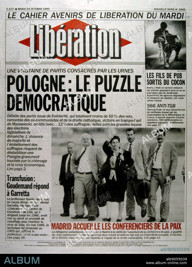 Front Page of the American publication 'Herald Tribune' reporting on the Madrid Conference and the Polish elections in1991; a peace conference, held from 30 October to 1 November 1991 in Madrid, hosted by Spain and co-sponsored by the United States and the Soviet Union. It was an attempt by the international community to revive the IsraeliPalestinian peace process through negotiations, involving Israel and the Palestinians as well as Arab countries, including Jordan, Lebanon and Syria.