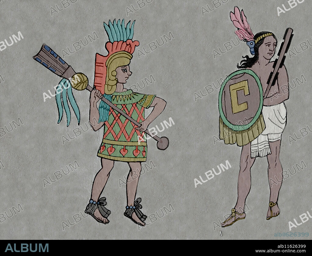 Weapons. Aztec warrior with quauhololli and Tlaxcaltec warrior with macuahuiti. Extracted from ancient Mexican painting. Color. Engraving.
