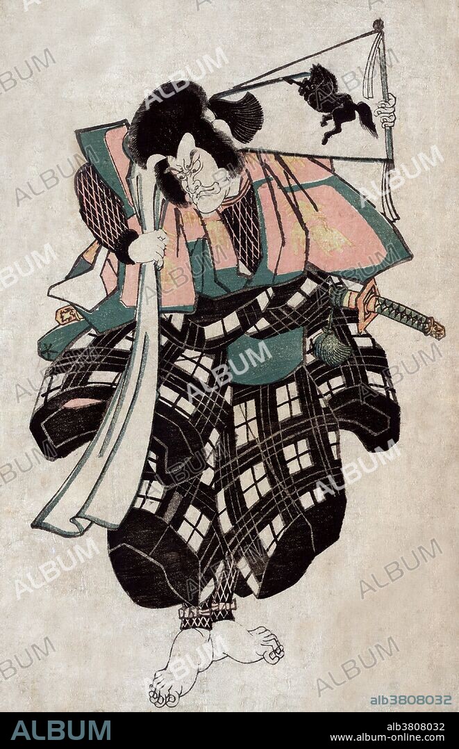 Entitled: "Hei shinno masakado"; shows the warrior Taira Masakado, who called himself Emperor, holding a banner with an image of a horse. Taira no Masakado (died in the second lunar month of 940) was a samurai in the Heian period of Japan, who led a rebellion against the central government of Kyoto. The Taira Masakado Insurrection of 939-940 (known in Japanese as "Johei - Tengyo no ran", after the calendar eras in which it occurred) ranks among the most dramatic episodes in the early history of the samurai. Coinciding with earthquakes, rainbows and lunar eclipses in the capital; uprisings in the north; and pirate disturbances in the west; it threw the court and the capital into a panic, and climaxed, according to most versions of the story, with the protagonist's claiming for himself the title, "New Emperor." Woodcut by Toyokuni Utagawa, circa 1826-30.