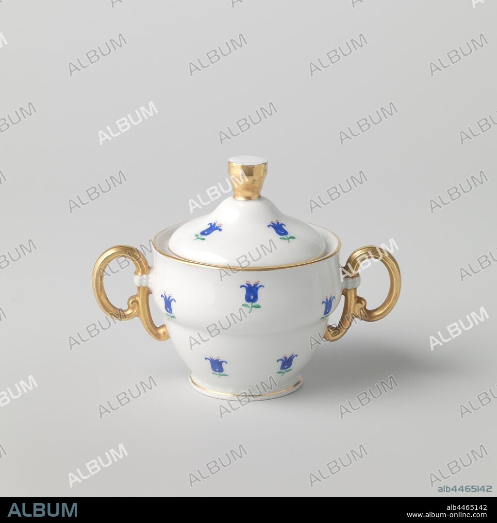 Sugar bowl with flowers, Porcelain sugar bowl on slightly spreading base with a slightly flared wall that thickened and flared just above half, two P-shaped ears. Painted on the glaze in blue, red, green and gold. The outer wall with blue flowers and golden ears. Gold line on the foot and edge. Marked on the bottom with the crossed hammers with crown, the text 'EPIAG PIRKENHAMMER CECHOSLOW' and the number 5857., Pirkenhammer, Karlovy Vary, c. 1935, porcelain (material), glaze, gold (metal), vitrification, h 6.5 cm d 8.4 cm w 13.5 cm.