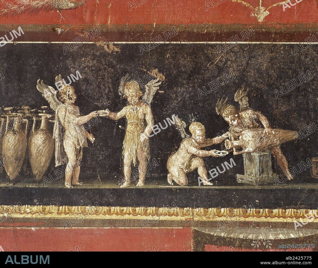 ARTE ROMANO. ITALIA. Fresco romano que decora el friso de las paredes del "Triclinium" de la CASA DE LOS VETTI. Detalle de las finas representaciones en miniatura de los AMORCILLOS EJERCIENDO DISTINTAS LABORES (VINATEROS), siglo I d. C. POMPEYA. La Campania.