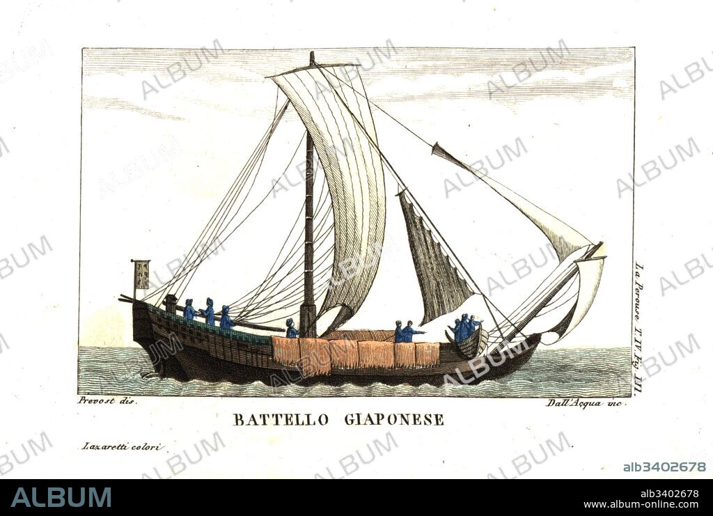 Japanese sailboat. Illustration by Jean Louis Prevost from Jean Francois Laperouse’s Voyage. Copperplate engraving by Dell'Acqua handcoloured Lazaretti from Giovanni Battista Sonzogno’s Collection of the Most Interesting Voyages (Raccolta de Viaggi Più Interessanti), Milan, 1815-1817.