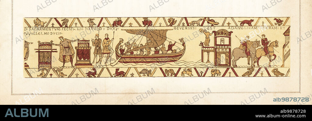 Harold Godwinson swears an oath on an altar and a reliquary to William Duke of Normandy and returns by sailing ship to England. Chromolithograph by William Mossman after an illustration by Charles Stothard made for the Society of Antiquaries in Rev. John Collingwood Bruces The Bayeux Tapestry Elucidated, John Russell Smith, London, 1856.