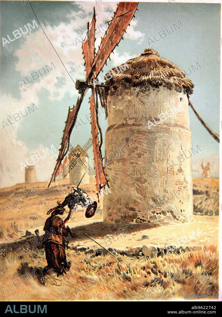 Illustration by Ricardo Balaca, scene of  the mills episode in 'Don Quixote of La Mancha', edition noted by Nicolas Diaz of Benjumea, edited by Muntaner y Simón, Barcelona, 1880-1883.