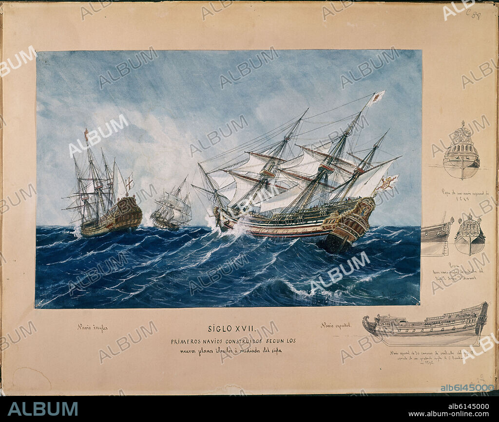 RAFAEL MONLEÓN. PRIMEROS NAVIOS DEL SIGLO XVII- INGLES Y ESPAÑOL - ACUARELA SIGLO XIX.