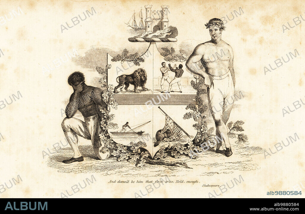 Coat of arms of Tom Cribb, English bare-knuckle boxer 1781-1848. The supporters are Tom Cribb in laurel crown and vanquished boxer ex-slave Tom Molyneux kneeling. The crest is the arms of Bristol, the four quarters show the British lion, the boxing bout, a coal-barge and a beaver with the American flag. Copperplate engraving after a design by Covent Garden comedian John Emery from The Sporting Magazine, or Monthly Calendar of the Transactions of the Turf and the Chace, John Wheble, London, 1812.