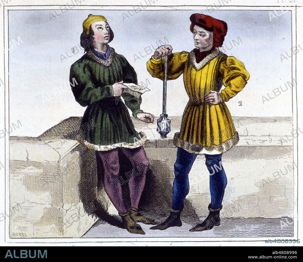 1 : Pierre Cardinal, poete troubadour sous Philippe III (vers 1280). 2 : Mamier ou sergent d'arme au 13eme s. Illustration tiree de l'ouvrage d'Auguste de ST PROSPER 'Histoire complete de tous les peuples', en 1846. Credit : Collection Grob/KHARBINE-TAPABOR.