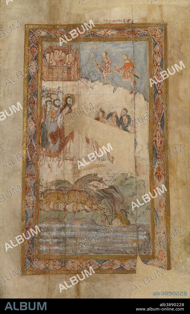 UNKNOWN. The Miracle of the Gadarene Swine. Date/Period: Ca. 1000. Detached leaf. Tempera colors, gold leaf, and ink on parchment. Height: 313 mm (12.32 in); Width: 181 mm (7.12 in).