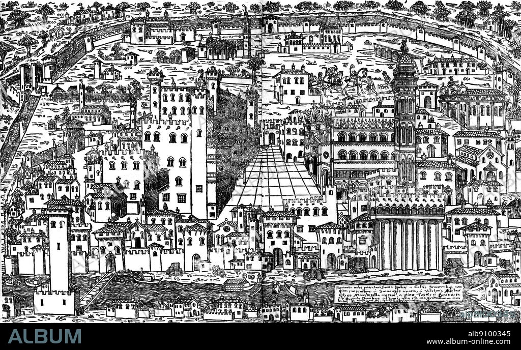 Planimetric view of Ferrara , 1499 . The city dominated by the forbidding Castello Estense , assigned to be the home of Alfonso d'Este and Lucrezia Borgia . Woodcut shows the so-called Herculean addition ? added by Ercole ?.