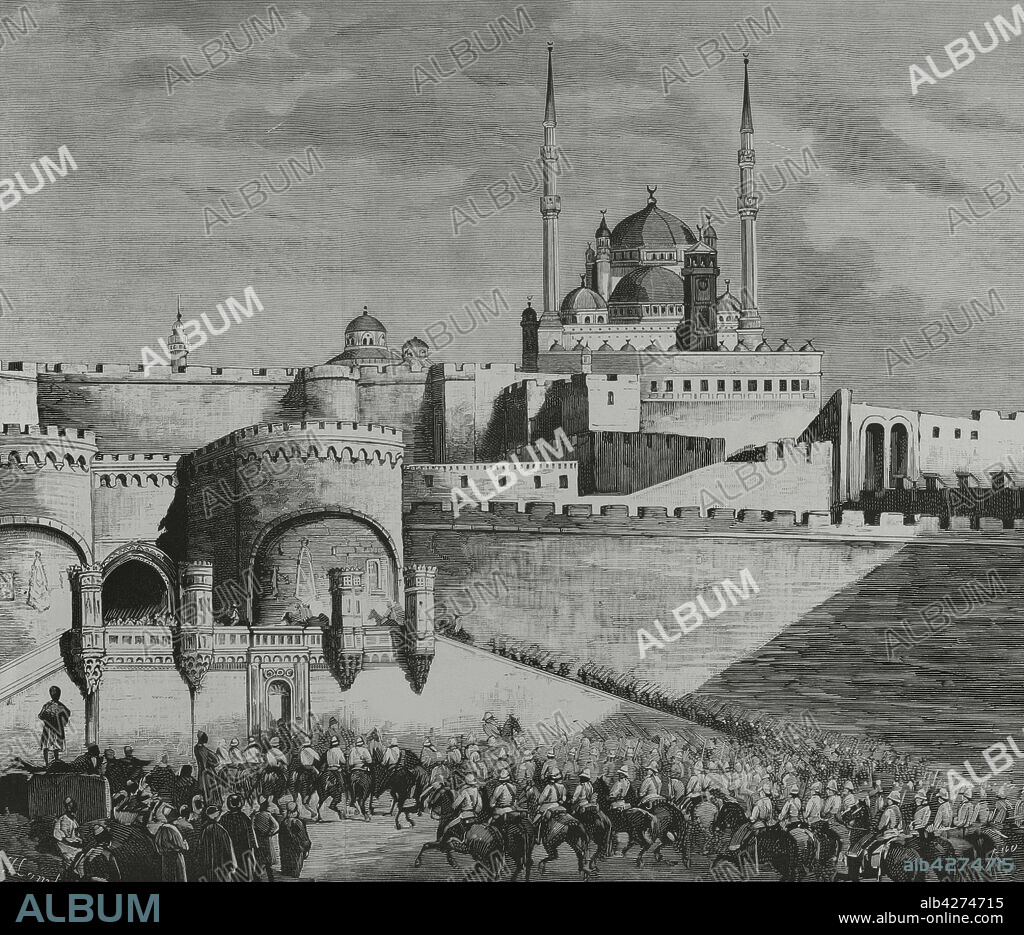 JUAN COMBA GARCÍA (1852-1924). SPANISH PAINTER AND ILLUSTRATOR. BERNARDO RICO (1825-1894). SPANISH ENGRAVER.. Egypt. Occupation of Cairo by the British. Entry of the British cavalry into the citadel through the Gate of Bad-el-Azab, where it took place the slaughter of the Mamluks in 1811. Drawing by Juan Comba. Engraving by Rico. La Ilustración Española y Americana, 1882.