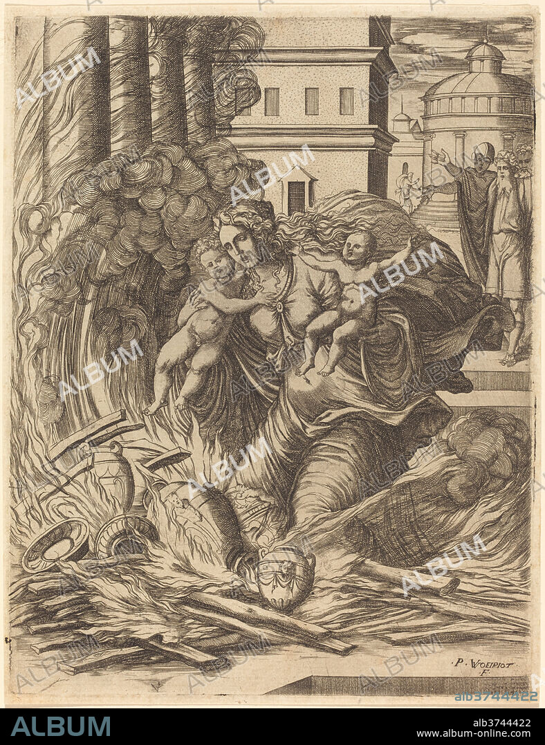 PIERRE WOEIRIOT. The Wife of Hasdrubal Throws Herself on the Fire. Medium: engraving.