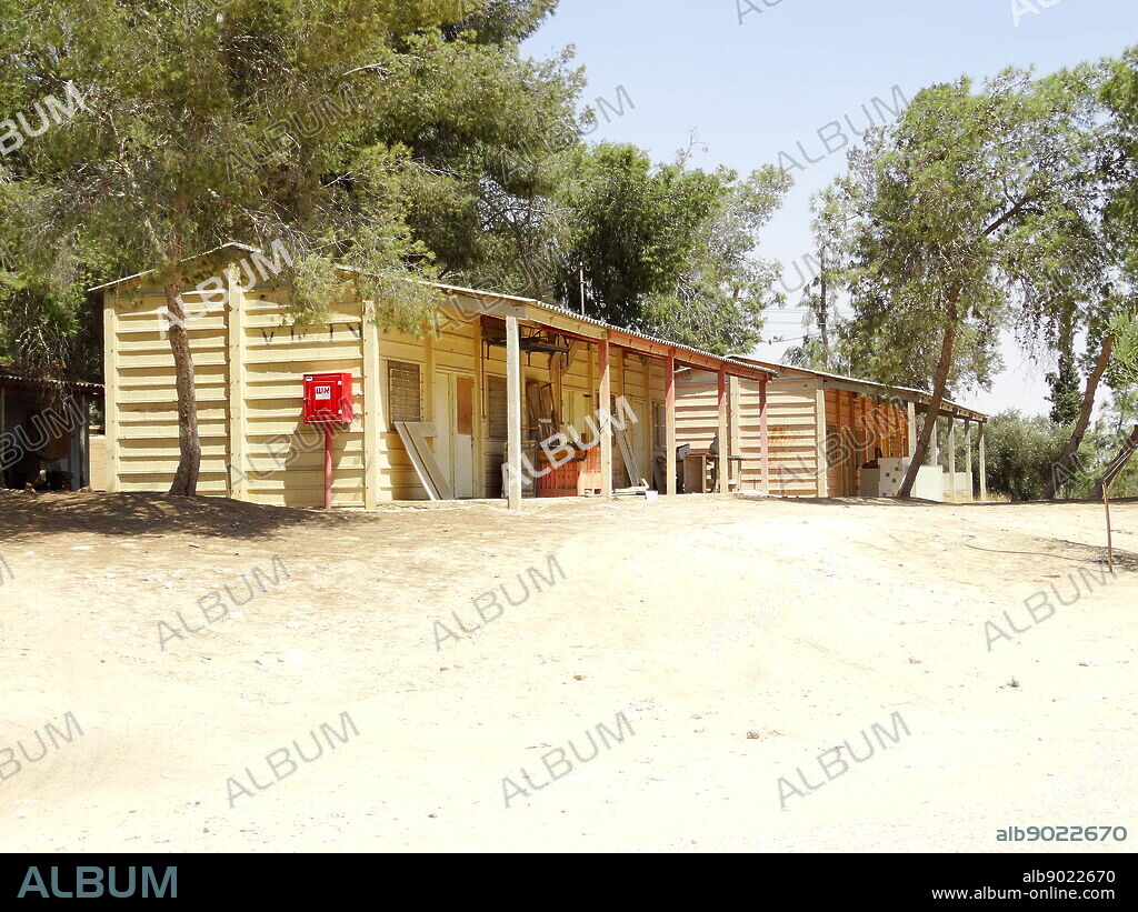 Settler houses or huts with very rudimentary structure used to house early members of the Kibbutz Revivim; Negev Desert; Israel. The Kibbutz dates to 1943.
