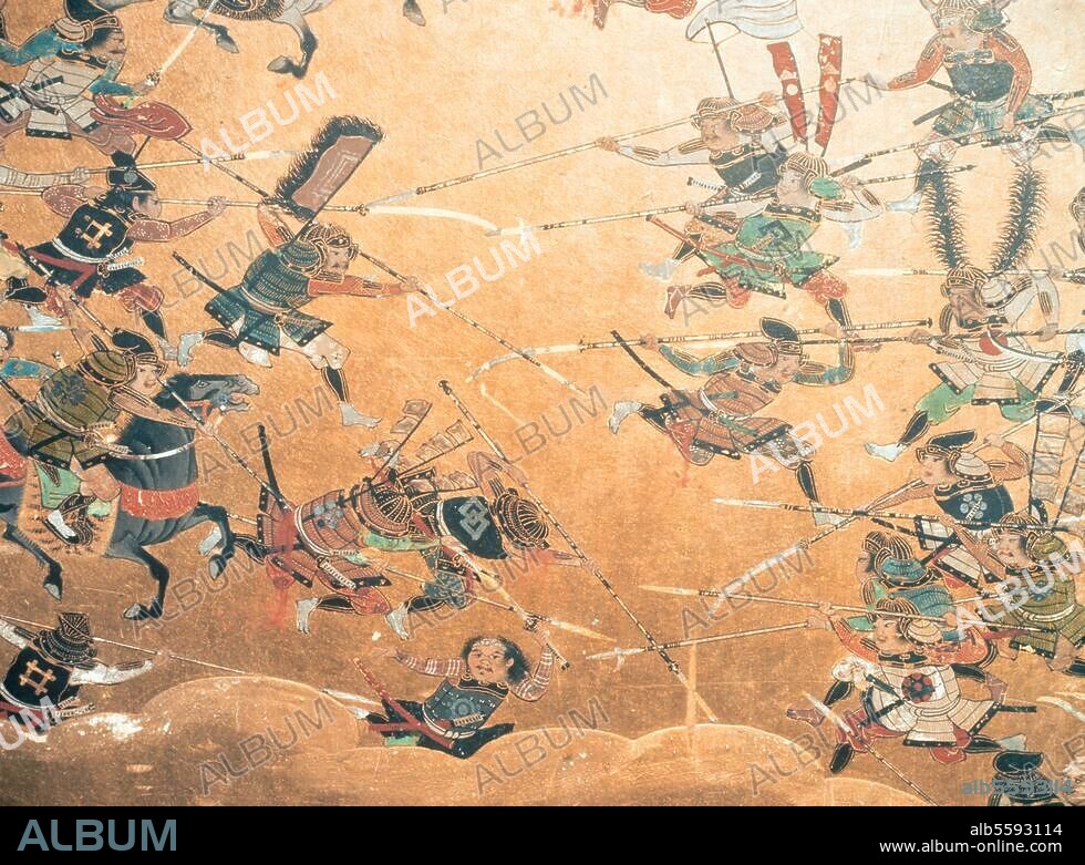 Japanische Geschichte / Shogunat der Tokugawa 1603-1868 / Eroberung Osakas. 1615 (Ieyasu Tokugawa schaltet die rivalisierende Familie Toyotomi endgültig aus). Szene aus der Belagerung der Burg von Osaka. Ausschnitt aus einem Wandschirm, bemalt von Kuroda Nagamasa (1568-1623).