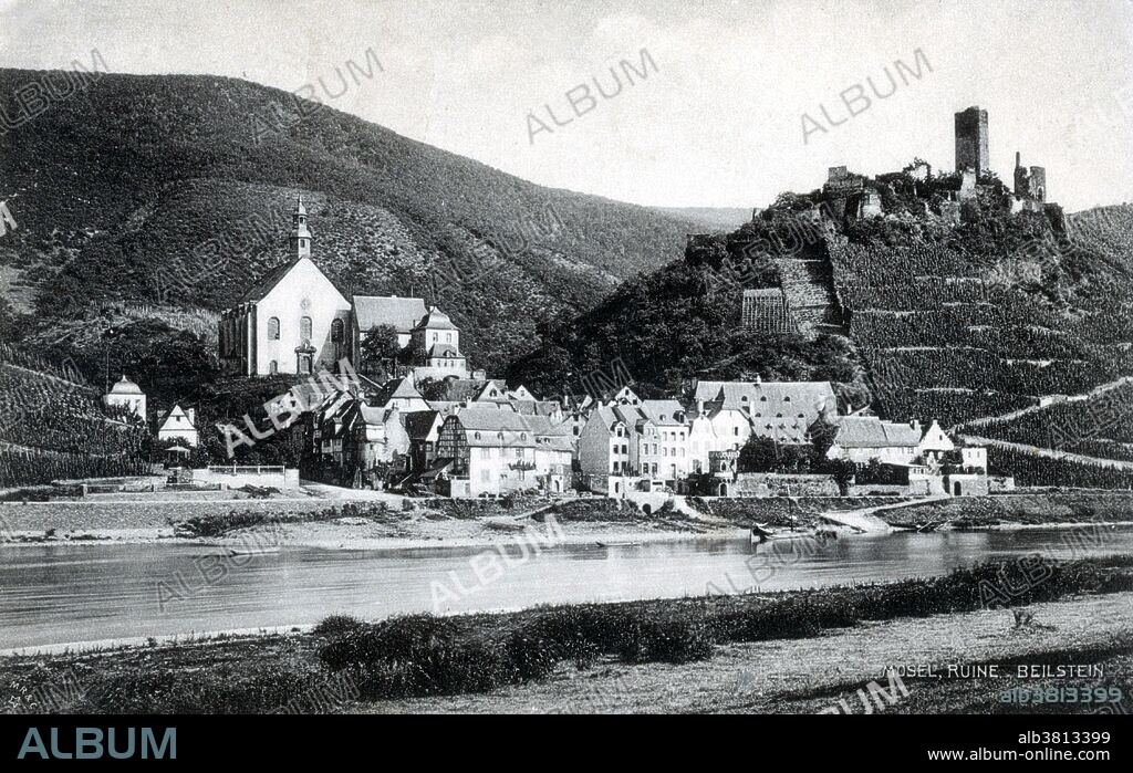 Metternich Castle is an ancient castle now in ruins, located in the Beilstein municipality, on the river Moselle. The history of the castle goes back to 1268 when the castle (referred to as Bilstein Castle) was first mentioned, though older, some historians believe the castle was built in 1129. In 1637 the castle became the property of the House of Metternich. In 1689, during the Nine Years' War, the castle was destroyed by French troops. The village is a pilgrimage site, for it is here that the "Miraculous Black Madonna" is displayed in the Baroque Saint Joseph's Monastery Church. This is a statue of Spanish origin from the 12th or 13th century, left behind by the Spaniards after their short time as Beilstein's lords after the Thirty Years' War and shortly thereafter taken to France, only to be brought back to Beilstein in 1950. No date or photographer information given on postcard.