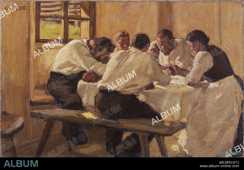 ALBIN EGGER-LIENZ. Mittagessen ("Die Suppe", II. Fassung) Lunch (The Soup, Version II). Date/Period: 1910. Painting. Oil on canvas. Height: 910 mm (35.82 in); Width: 1,410 mm (55.51 in).