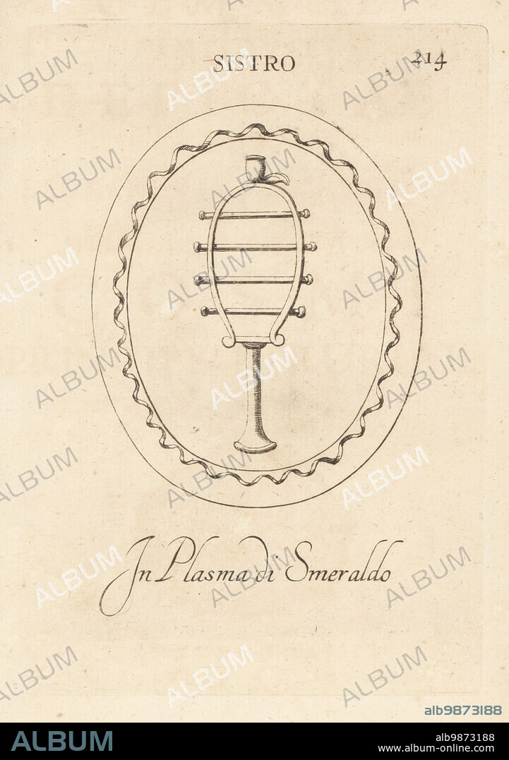 Cistrum, Greek percussion instrument, in emerald plasma. The four rods symbolize the elements, the oval shape the moon. Sistro in plasma di smeraldo. Copperplate engraving by Giovanni Battista Galestruzzi after Leonardo Agostini from Gemmae et Sculpturae Antiquae Depicti ab Leonardo Augustino Senesi, Abraham Blooteling, Amsterdam, 1685.