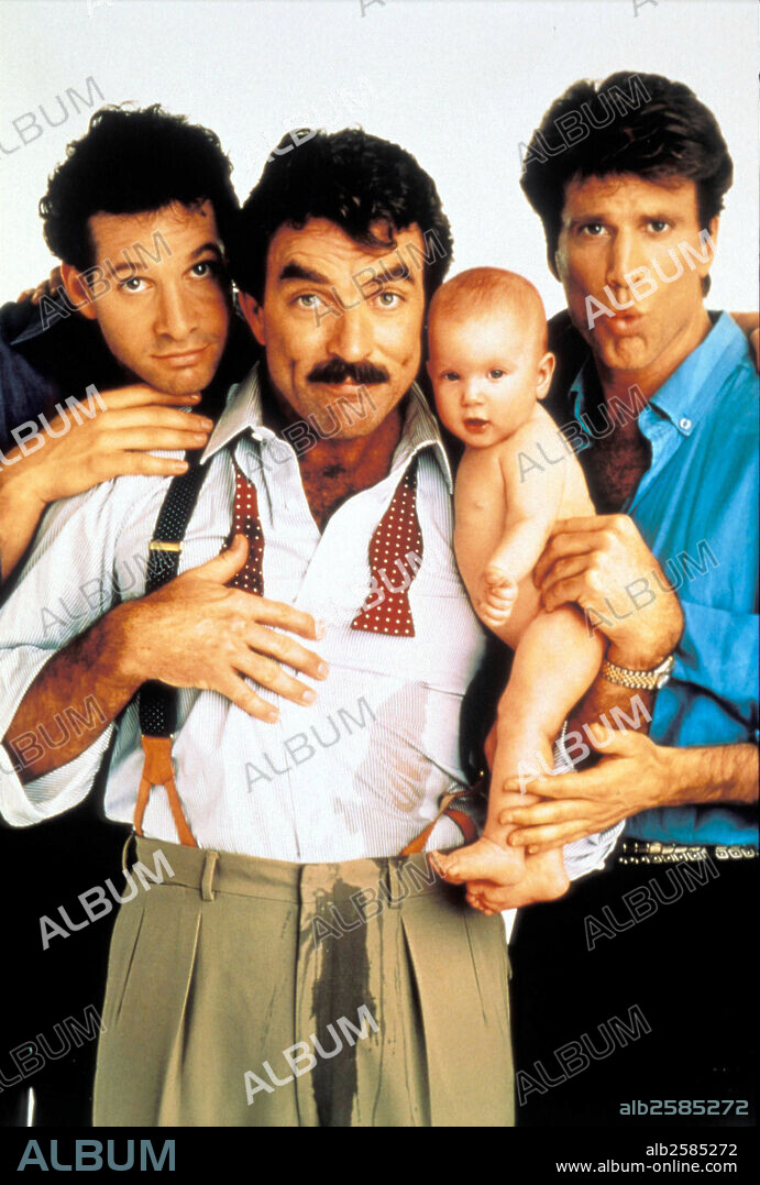 STEVE GUTTENBERG, TED DANSON y TOM SELLECK en TRES HOMBRES Y UN BEBÉ, 1987 (THREE MEN AND A BABY), dirigida por LEONARD NIMOY. Copyright TOUCHSTONE PICTURES.