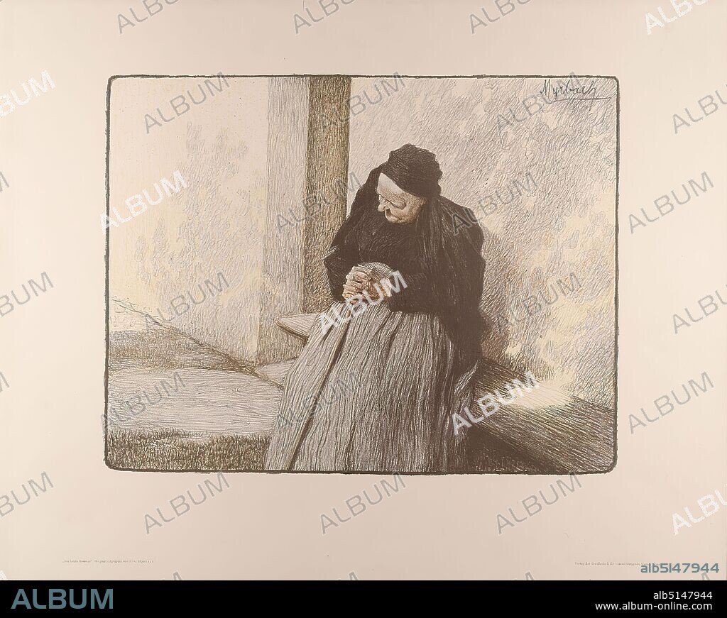 K. K. Hof- und Staatsdruckerei, Felician von Myrbach-Rheinfeld, Verlag der Gesellschaft für vervielfältigende Kunst (Vienna), Der letzte Sommer, paper, lithograph, algraph, image size: height: 30,7 cm; width: 39,6 cm, signed: im Druck o. r.: Myrbach, inscribed: typographically titled and referred to on the lower left as 'Der letzte Sommer'. Original-algraphy by F. v. Myrbach. U. r.: Publisher of the Society for Reproducing Art, Vienna, portfolio works, free graphics (graphics), portrait, sitting figure, old woman.
