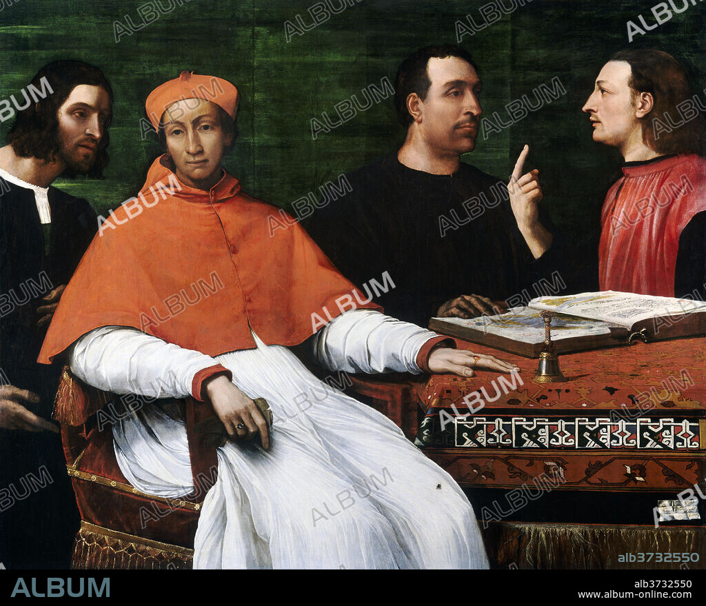 SEBASTIANO DEL PIOMBO. Cardinal Bandinello Sauli, His Secretary, and Two Geographers. Dated: 1516. Dimensions: overall: 121.8 x 150.4 cm (47 15/16 x 59 3/16 in.)  framed: 153.7 x 181.6 x 10.2 cm (60 1/2 x 71 1/2 x 4 in.). Medium: oil on panel.