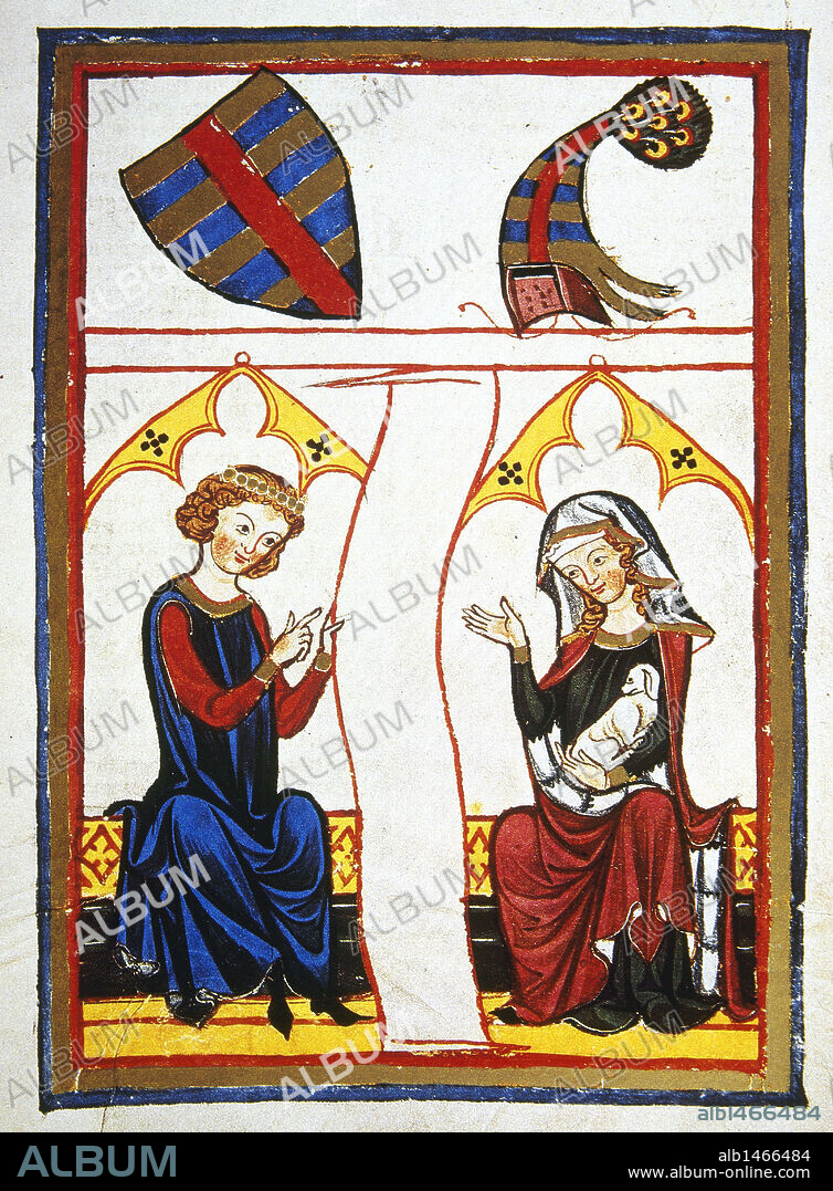 The German poet Reinman Der Alte (d. 1210) read a line from a poem to his beloved. Codex Manesse (ca.1300) by Rudiger Manesse and his son Johannes. Miniature. Folio 98r. University of  Heidelberg. Library. Germany.