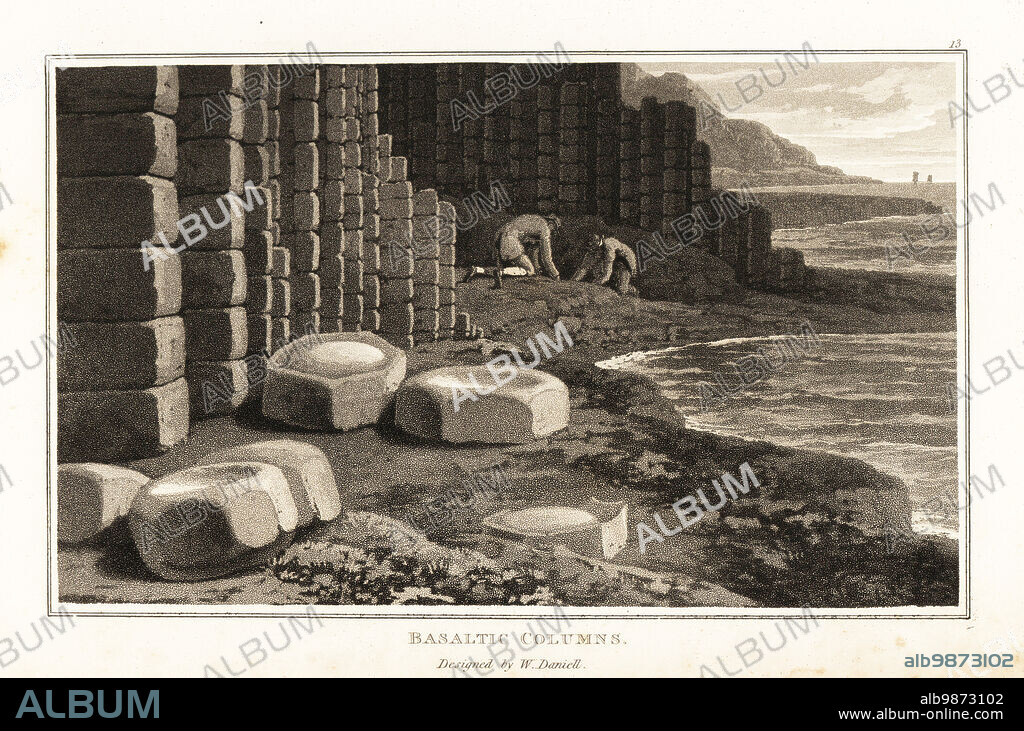 18th-century scientists investigating the hexagonal basalt columns of the island of Staffa, Inner Hebrides, Scotland. Perhaps one of them is Sir Joseph Banks. Aquatint drawn and engraved by William Daniell from William Woods Zoography, Cadell and Davies, 1807.