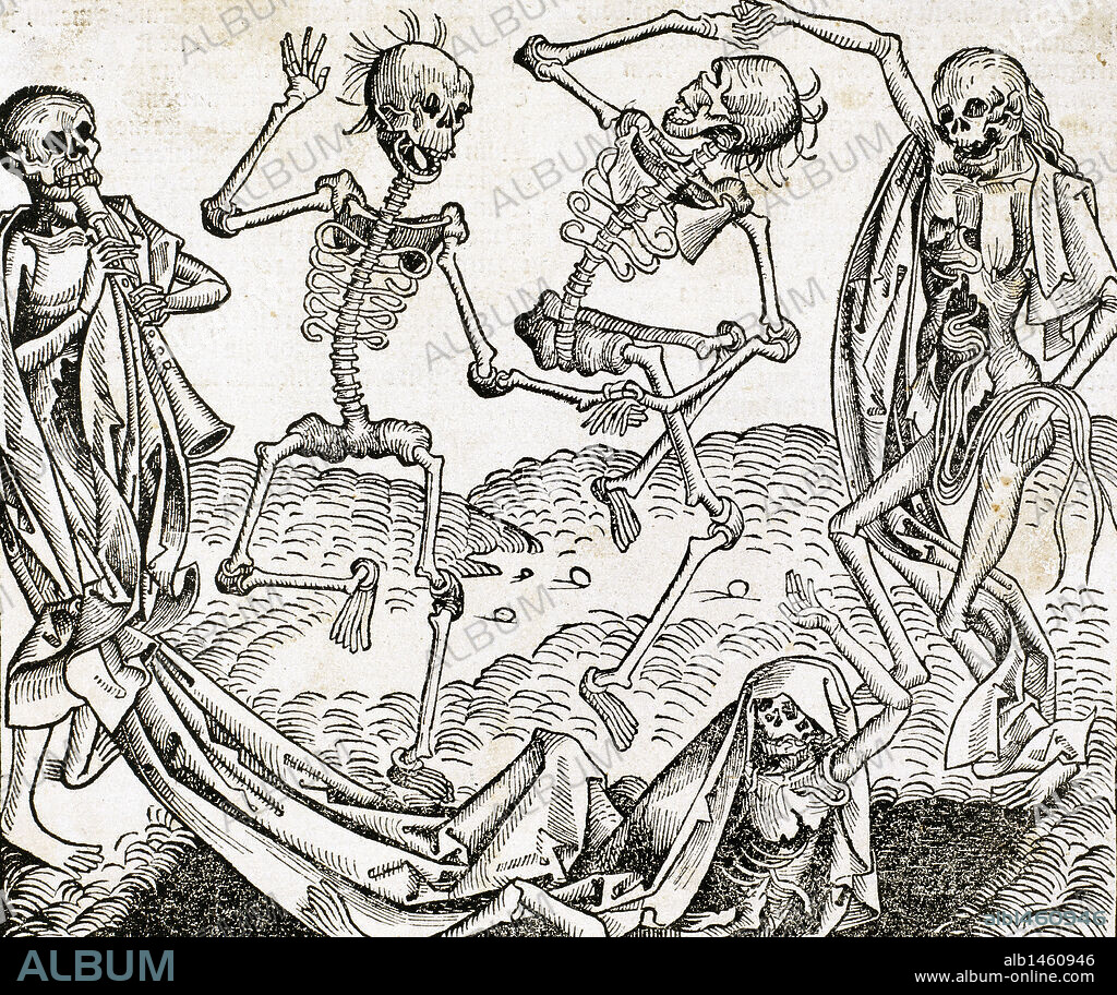 The Dance of Death (1493) by Michael Wolgemut, from the Liber chronicarum by Hartmann Schedel. Engraving.