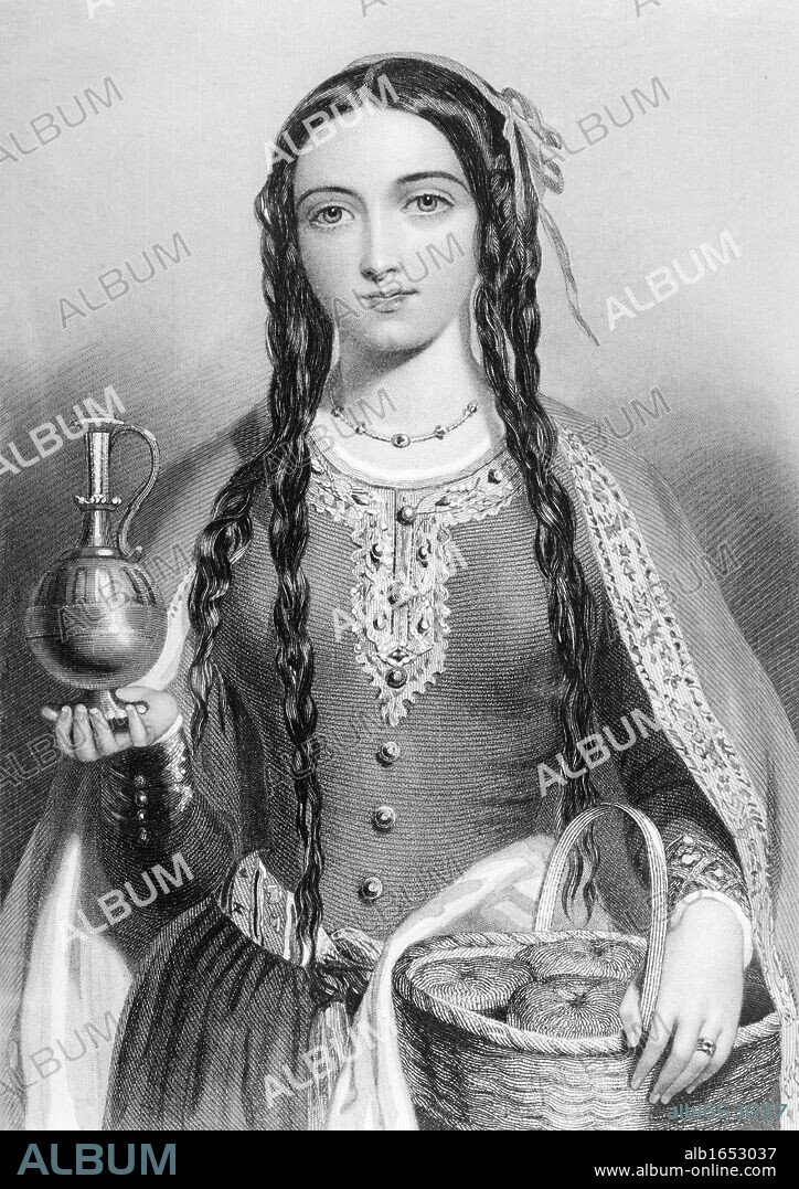 Matilda of Scotland aka "Edith", c.1079/80-1118. Queen of Henry I of England. Engraved by W.H.Mote after J.W.Wright.From the book "The Queens of England, Volume I" by Sydney Wilmot. Published London circa. 1890.