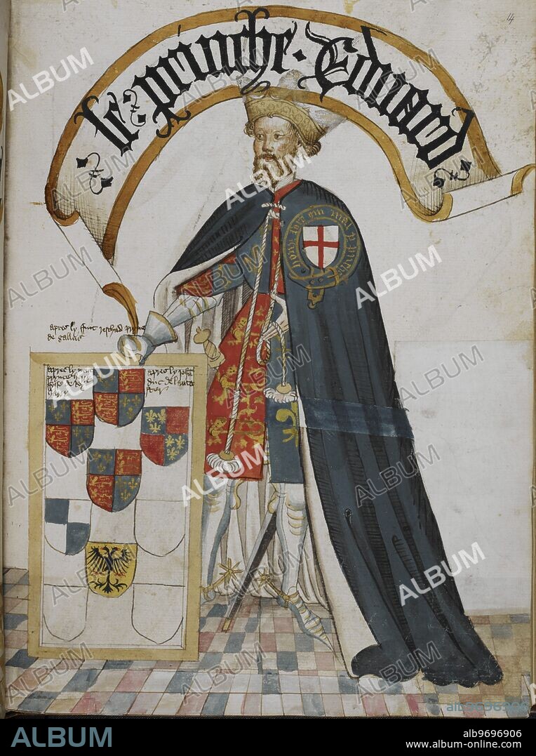 Portrait of Edward, Prince of Wales [the Black Prince], a Knight Founder of the Order of the Garter. He is wearing a blue Garter mantle over plate armour, and surcoat with his personal arms. A framed tablet displays painted arms of successors in his Garter stall at St. George's Chapel, Windsor.