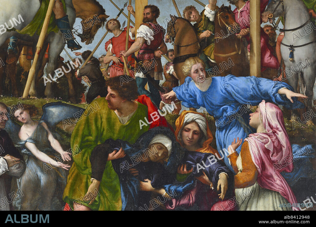 crocifissione di lorenzo lotto, chiesa di santa maria in telusiano, monte san giusto, marche, italia.