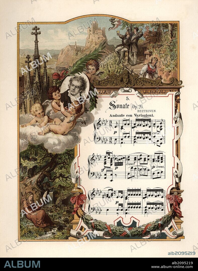 Litografia a color de la partitura de la Sonata op.26 de BEETHOVEN. Publicada en Leipzig en 1885.