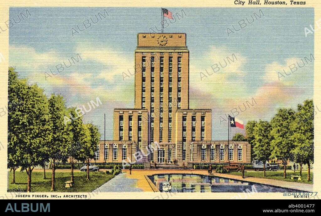 City Hall, Houston, Texas, USA, 1938. Vintage postcard. Designed by Joseph Finger, Houston's Art Deco City Hall was built in 1938-1939.